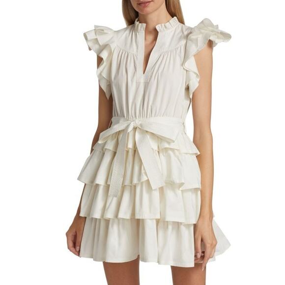 Ulla Johnson in Bone White Flutter Sleeve Split Neck Lulua Mini Dress Womens 2 - Picture 1 of 8